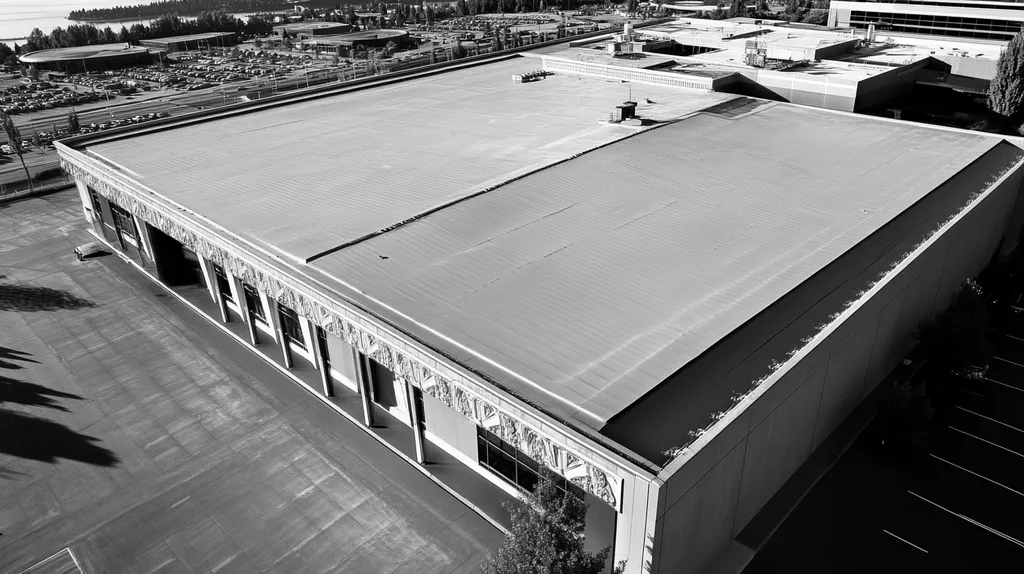 A commercial roof on a convention center in a location similar to Seattle with a black and white photography aesthetic (AI image)