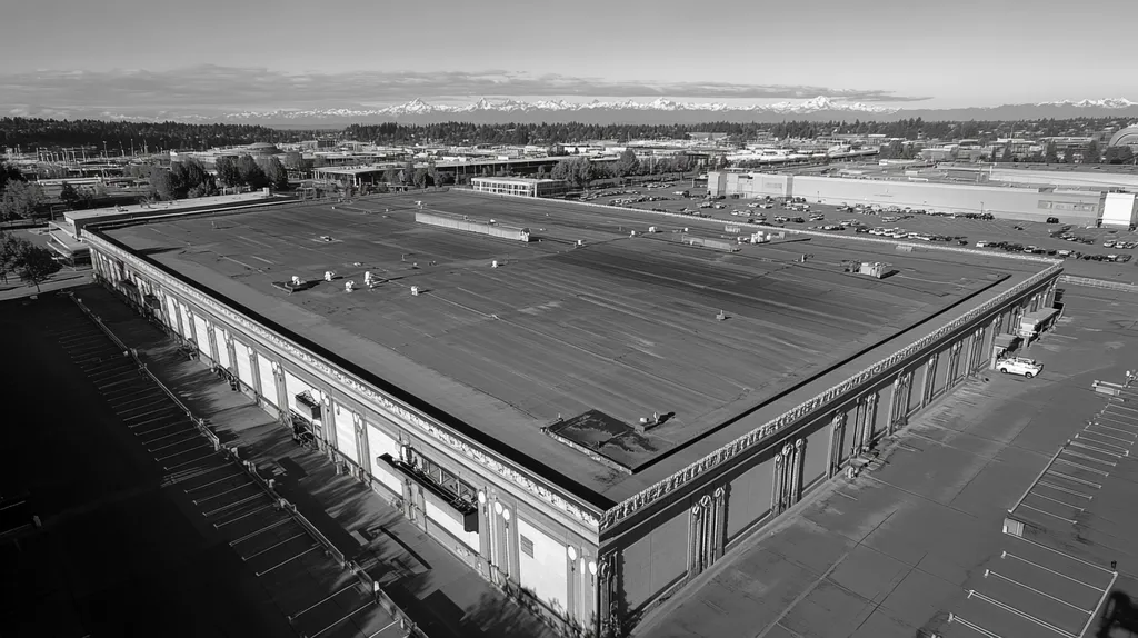 A commercial roof on a convention center in a location similar to Seattle with a black and white photography aesthetic (AI image)