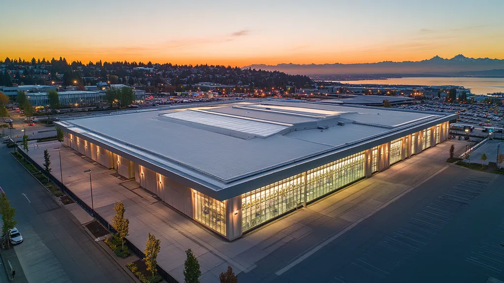 A commercial roof on a convention center in a location similar to Seattle with an illuminated nightscape aesthetic (AI image)