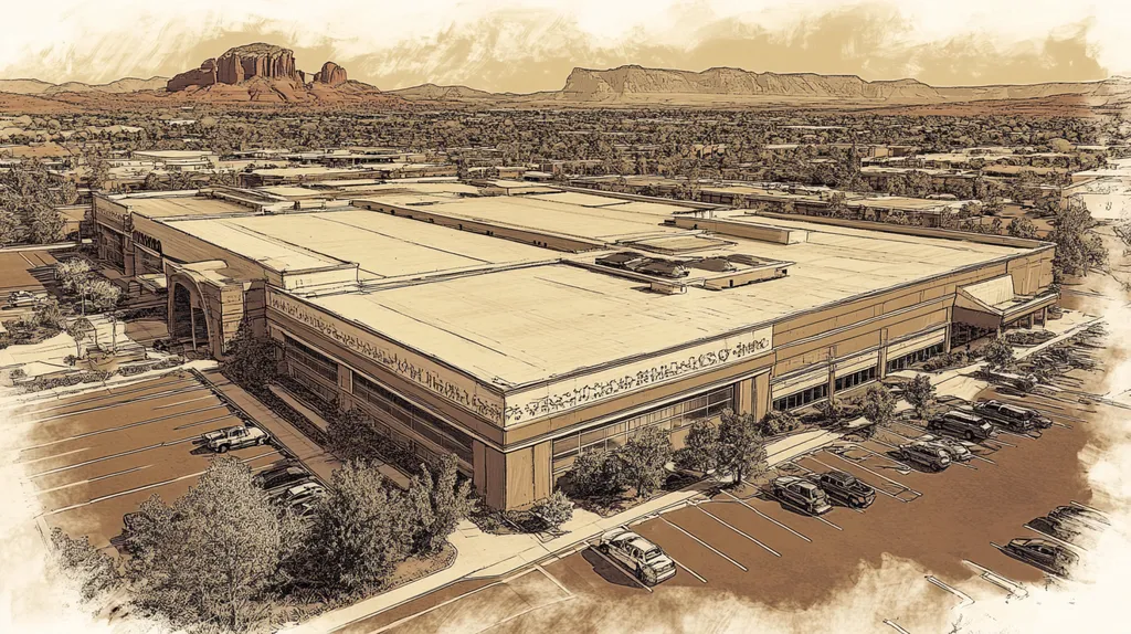 A commercial roof on a convention center in a location similar to Sedona with an architectural sketch rendering aesthetic (AI image)
