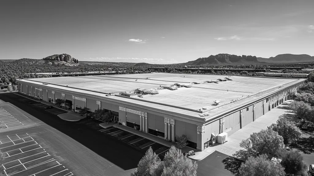 A commercial roof on a convention center in a location similar to Sedona with a black and white photography aesthetic (AI image)