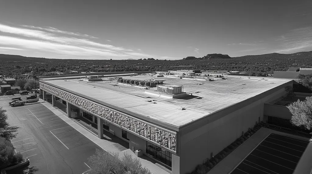 A commercial roof on a convention center in a location similar to Sedona with a black and white photography aesthetic (AI image)
