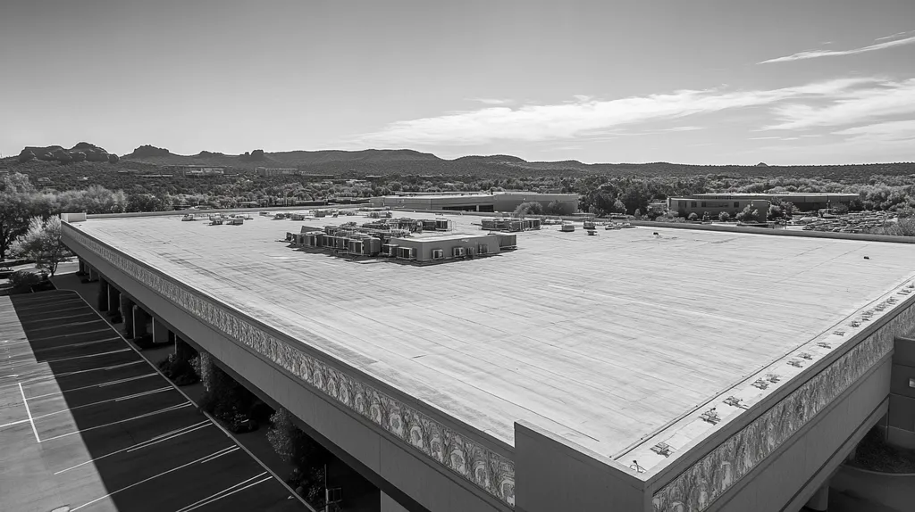 A commercial roof on a convention center in a location similar to Sedona with a black and white photography aesthetic (AI image)