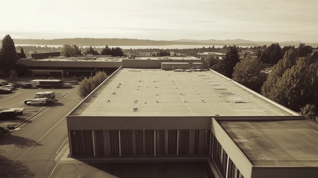 A commercial roof on a data center in a location similar to Seattle with a tintype aesthetic (AI image)