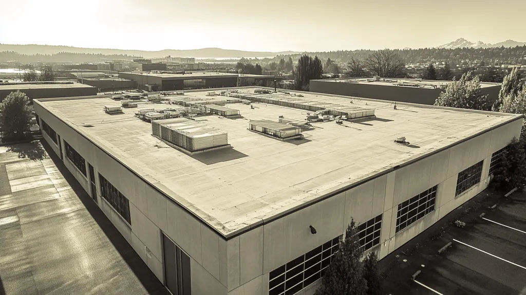 A commercial roof on a data center in a location similar to Seattle with a tintype aesthetic (AI image)