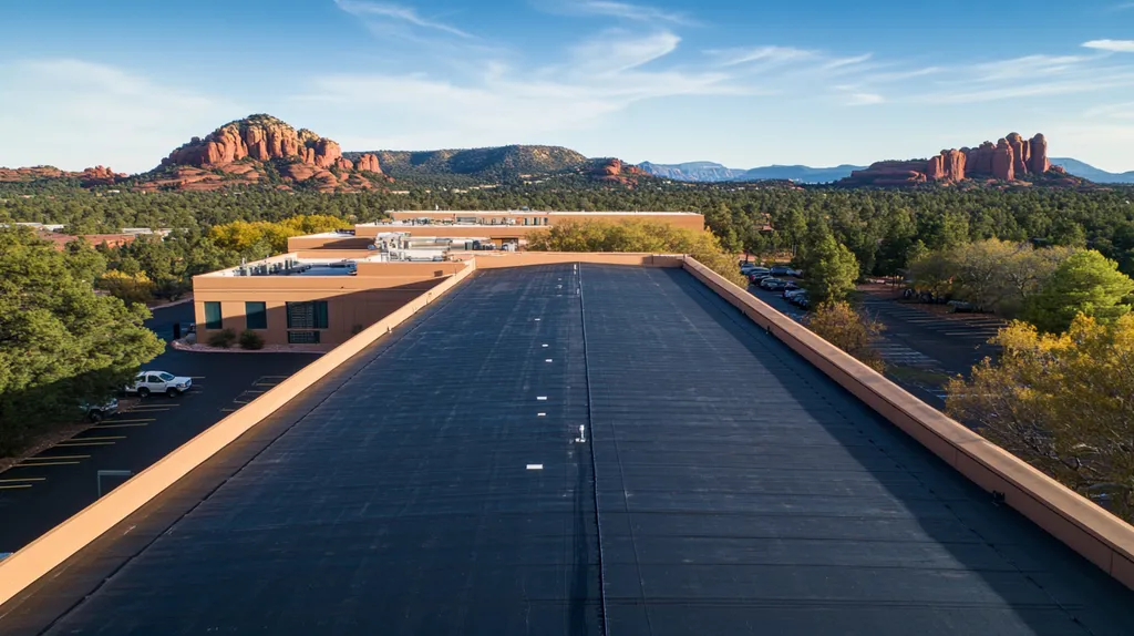 A commercial roof on a data center in a location similar to Sedona with a color highlight aesthetic (AI image)