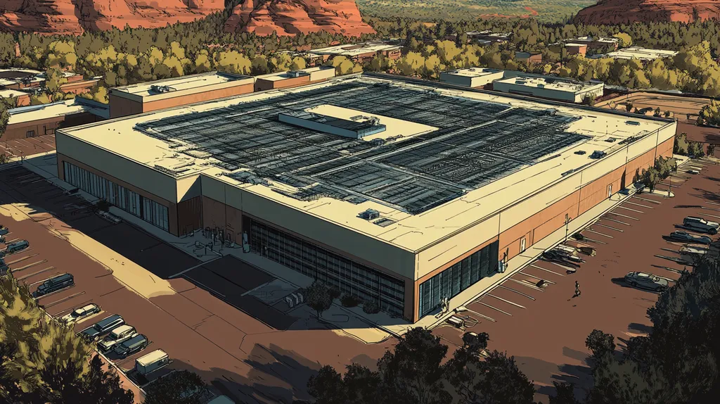 A commercial roof on a data center in a location similar to Sedona with a comic book style aesthetic (AI image)