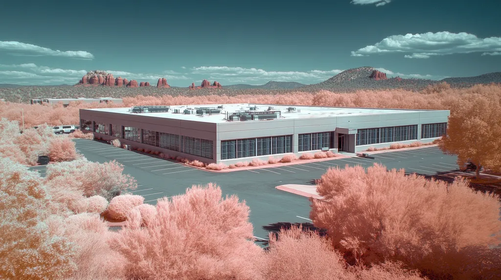 A commercial roof on a data center in a location similar to Sedona with an infrared photography aesthetic (AI image)