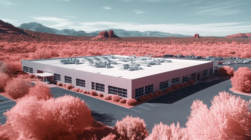 A commercial roof on a data center in a location similar to Sedona with an infrared photography aesthetic (AI image)