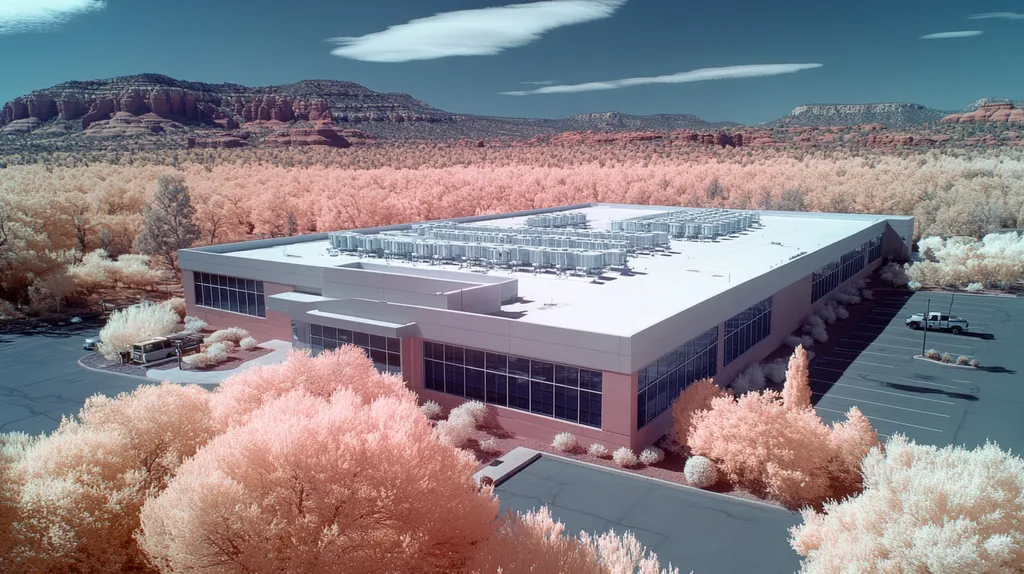 A commercial roof on a data center in a location similar to Sedona with an infrared photography style aesthetic (AI image)