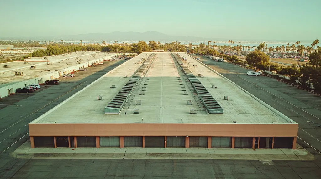 A commercial roof on a distribution center in a location similar to Santa Monica with a Polaroid aesthetic (AI image)