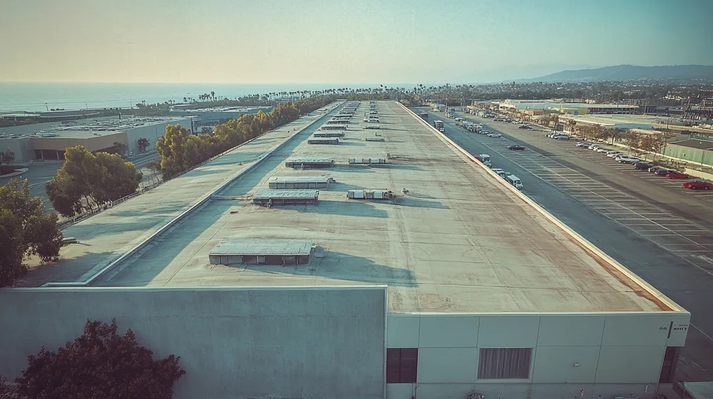 A commercial roof on a distribution center in a location similar to Santa Monica with a Polaroid aesthetic (AI image)