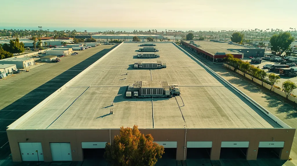 A commercial roof on a distribution center in a location similar to Santa Monica with a Polaroid aesthetic (AI image)