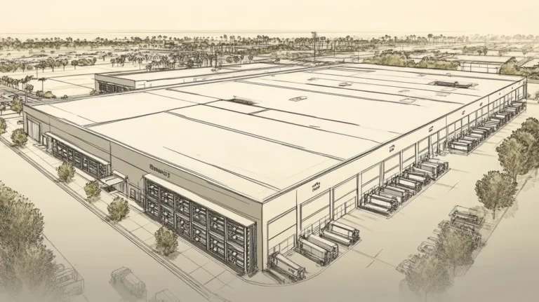 A commercial roof on a distribution center in a location similar to Santa Monica with an architectural sketch rendering aesthetic (AI image)