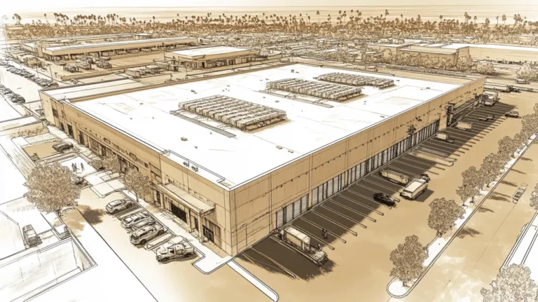 A commercial roof on a distribution center in a location similar to Santa Monica with an architectural sketch rendering aesthetic (AI image)