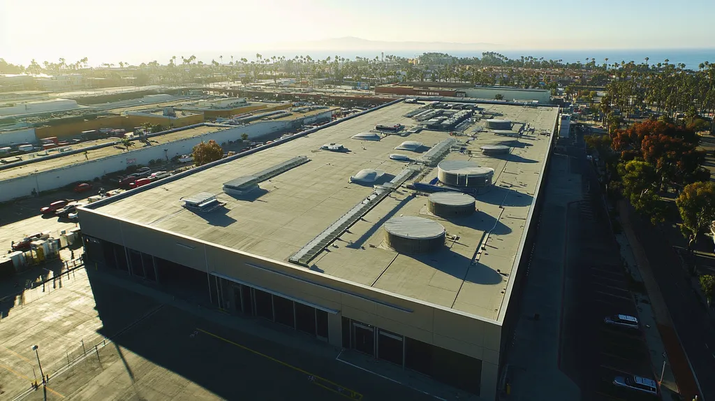 A commercial roof on a distribution center in a location similar to Santa Monica with a futuristic aesthetic (AI image)