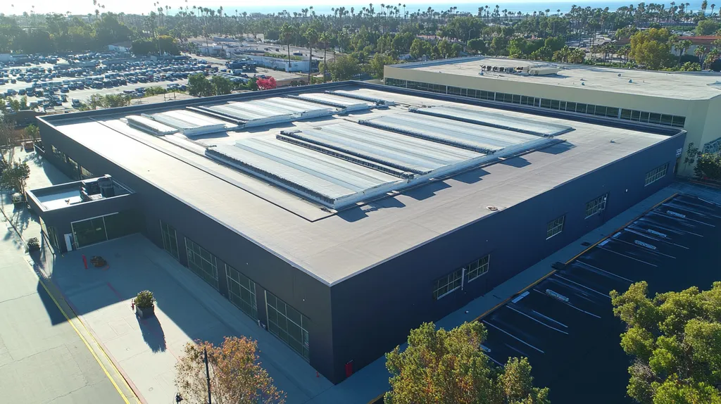A commercial roof on a distribution center in a location similar to Santa Monica with a futuristic aesthetic (AI image)