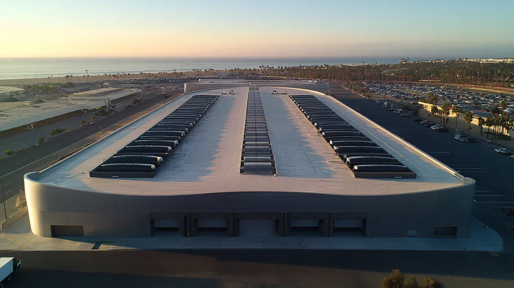 A commercial roof on a distribution center in a location similar to Santa Monica with a futuristic aesthetic (AI image)