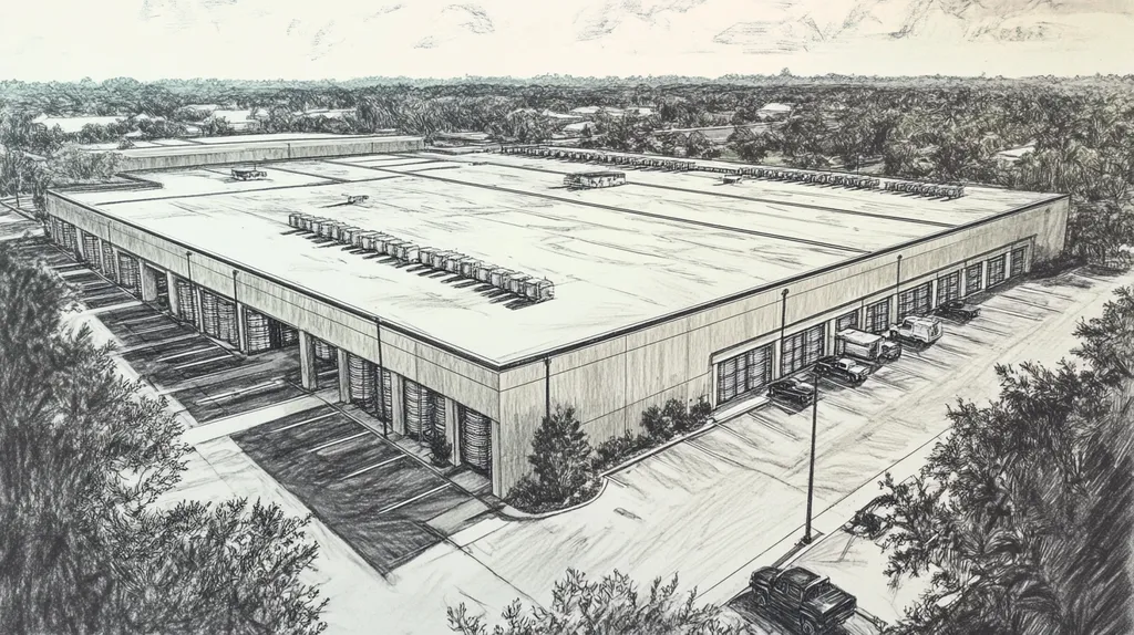 A commercial roof on a distribution center in a location similar to Savannah with a charcoal sketch aesthetic (AI image)