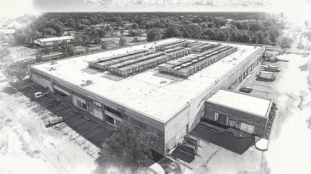 A commercial roof on a distribution center in a location similar to Savannah with a charcoal sketch aesthetic (AI image)