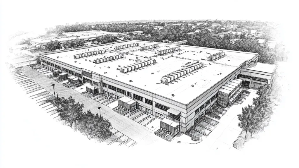 A commercial roof on a distribution center in a location similar to Savannah with a charcoal sketch aesthetic (AI image)