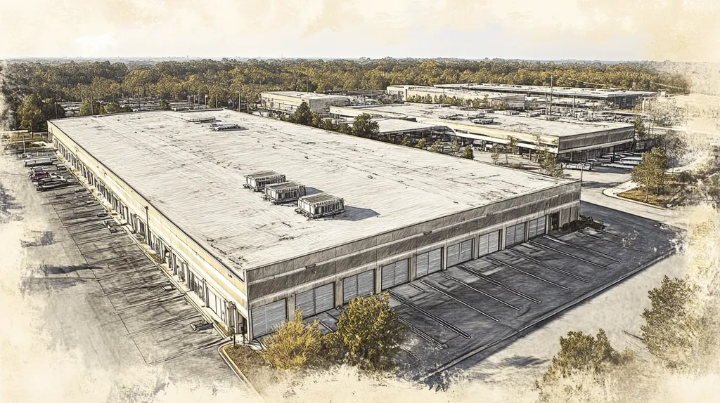 A commercial roof on a distribution center in a location similar to Savannah with a charcoal sketch aesthetic (AI image)