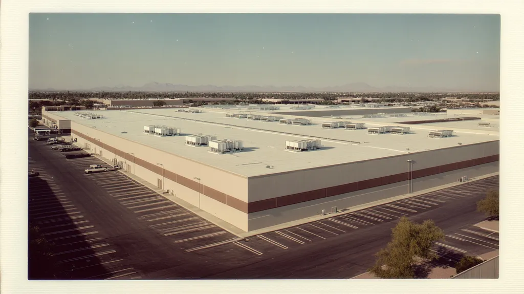 A commercial roof on a distribution center in a location similar to Scottsdale with a Polaroid aesthetic (AI image)