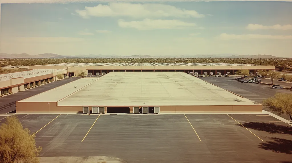 A commercial roof on a distribution center in a location similar to Scottsdale with a Polaroid aesthetic (AI image)