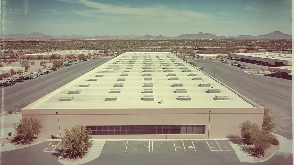 A commercial roof on a distribution center in a location similar to Scottsdale with a Polaroid aesthetic (AI image)