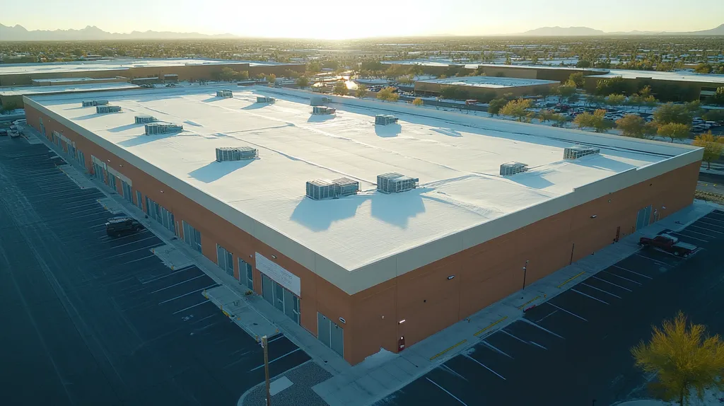A commercial roof on a distribution center in a location similar to Scottsdale with a snowy day aesthetic (AI image)