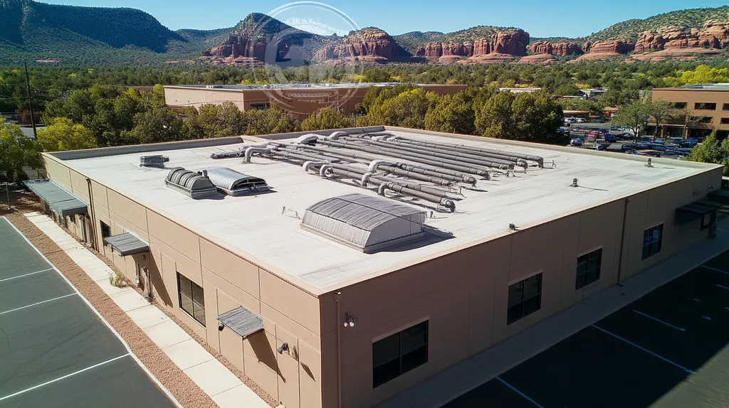 A commercial roof on a factory in a location similar to Sedona with an architectural sketch rendering aesthetic (AI image)