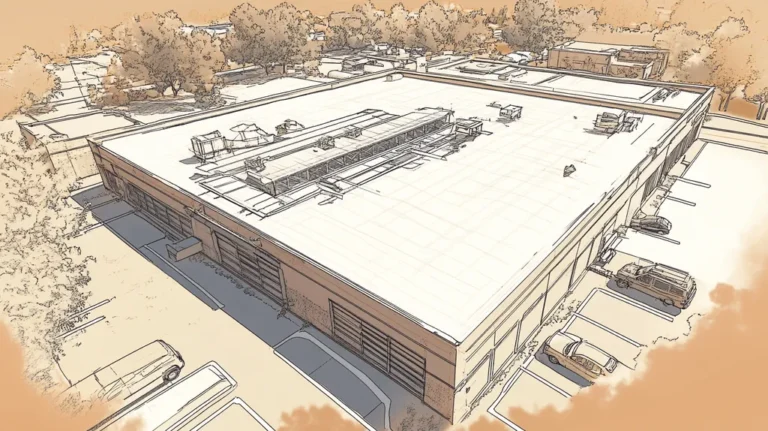 A commercial roof on a factory in a location similar to Sedona with an architectural sketch rendering aesthetic (AI image)