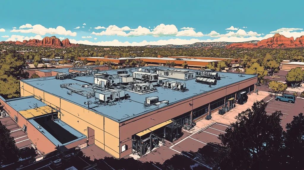 A commercial roof on a factory in a location similar to Sedona with a comic book style aesthetic (AI image)
