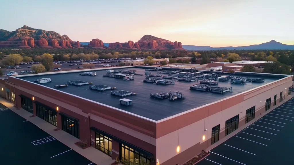 A commercial roof on a factory in a location similar to Sedona with an illuminated nightscape aesthetic (AI image)