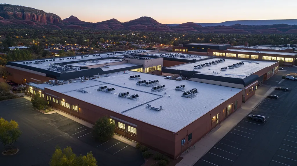 A commercial roof on a factory in a location similar to Sedona with an illuminated nightscape aesthetic (AI image)