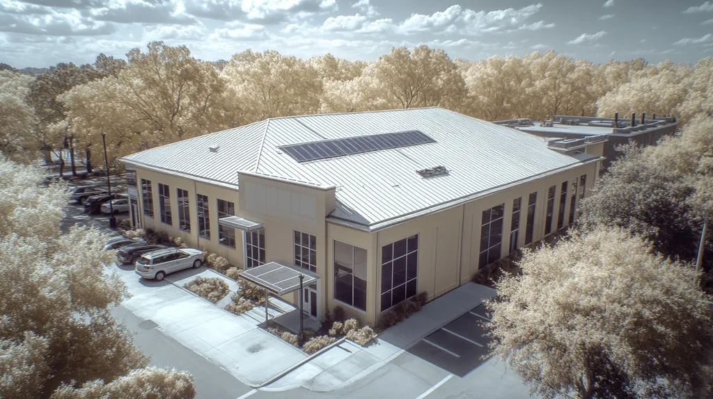 A commercial roof on a fitness gym in a location similar to Savannah with an infrared photography aesthetic (AI image)
