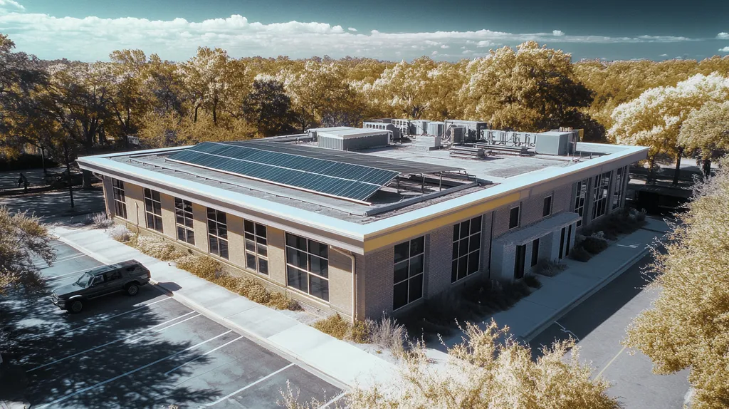 A commercial roof on a fitness gym in a location similar to Savannah with an infrared photography aesthetic (AI image)