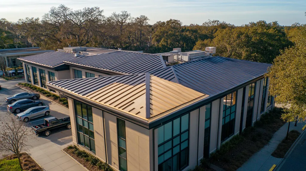 A commercial roof on a fitness gym in a location similar to Savannah with a solid gold aesthetic (AI image)