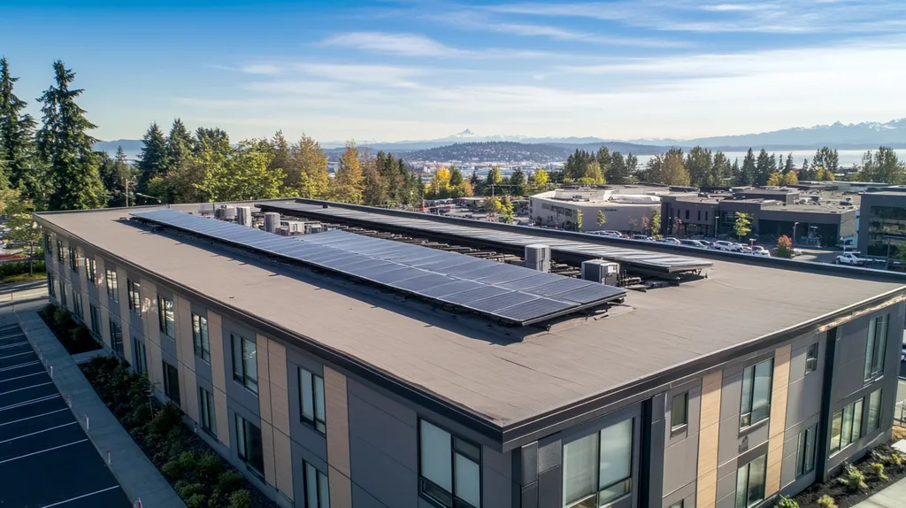 A commercial roof on a fitness gym in a location similar to Seattle with an architectural photography aesthetic (AI image)