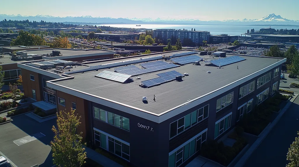 A commercial roof on a fitness gym in a location similar to Seattle with an architectural photography aesthetic (AI image)