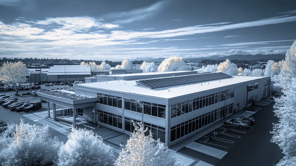 A commercial roof on a fitness gym in a location similar to Seattle with an infrared photography aesthetic (AI image)