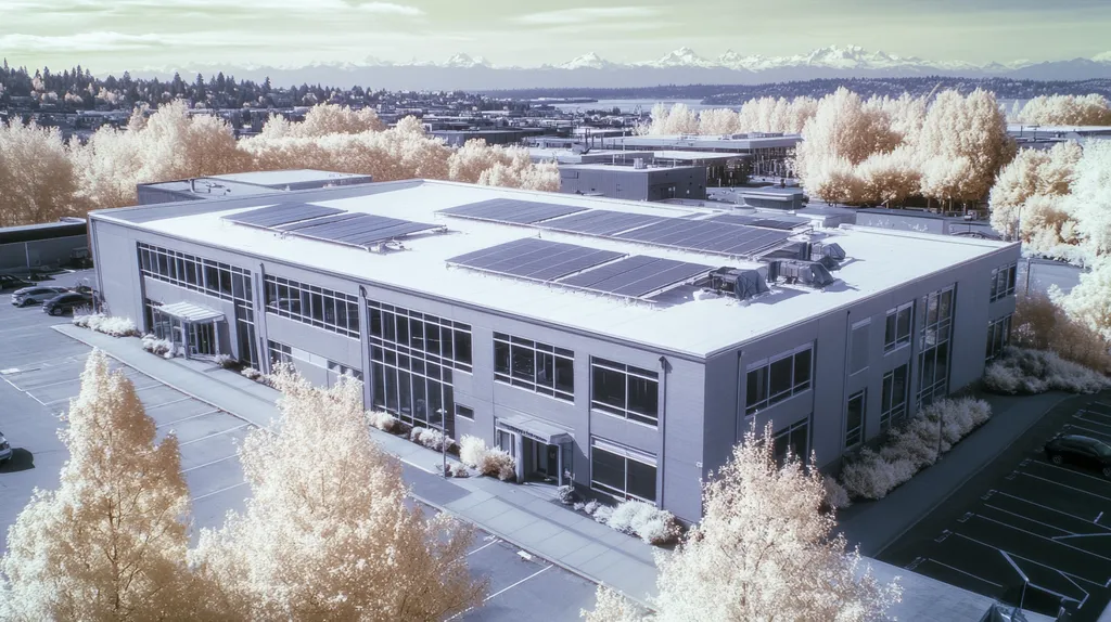 A commercial roof on a fitness gym in a location similar to Seattle with an infrared photography aesthetic (AI image)