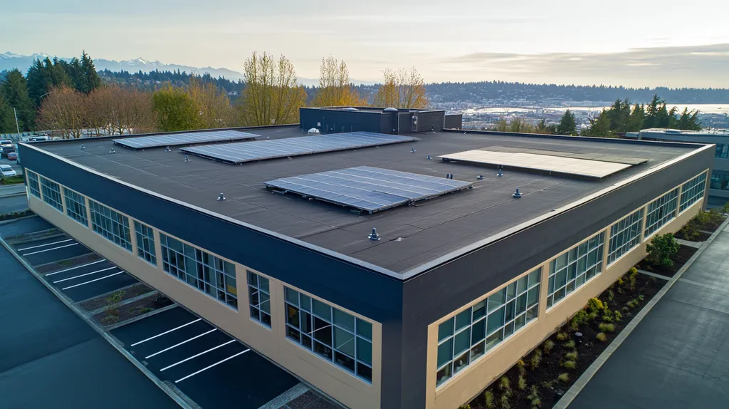 A commercial roof on a fitness gym in a location similar to Seattle with a rainy day aesthetic (AI image)