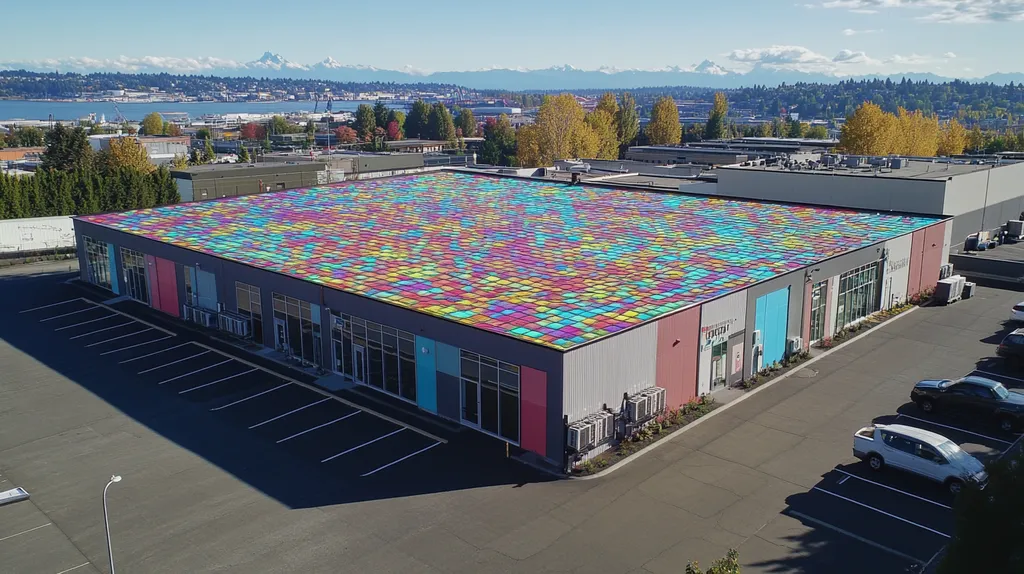 A commercial roof on a fitness gym in a location similar to Seattle with a stained glass style aesthetic (AI image)