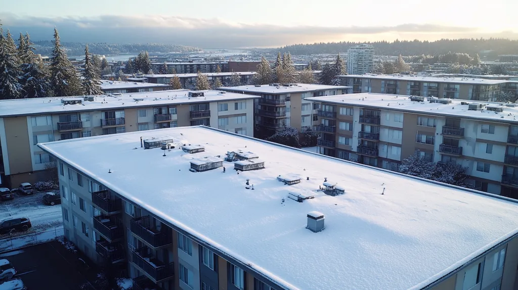 A commercial roof on high-rise apartments in a location similar to Seattle with a snowy day aesthetic (AI image)