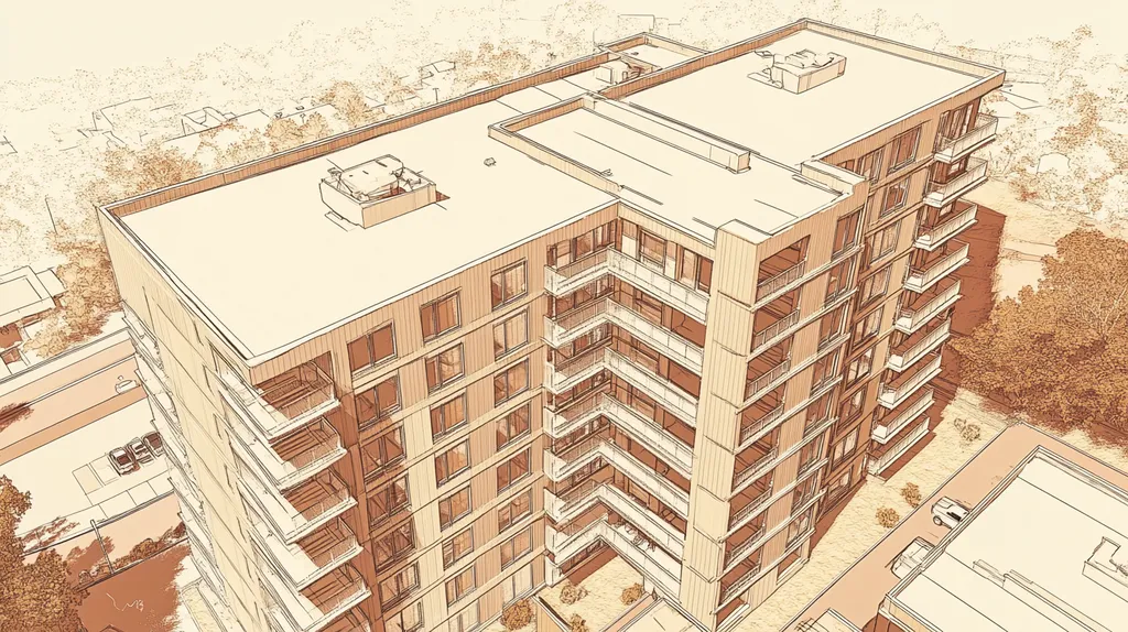 A commercial roof on high-rise apartments in a location similar to Sedona with an architectural sketch rendering aesthetic (AI image)