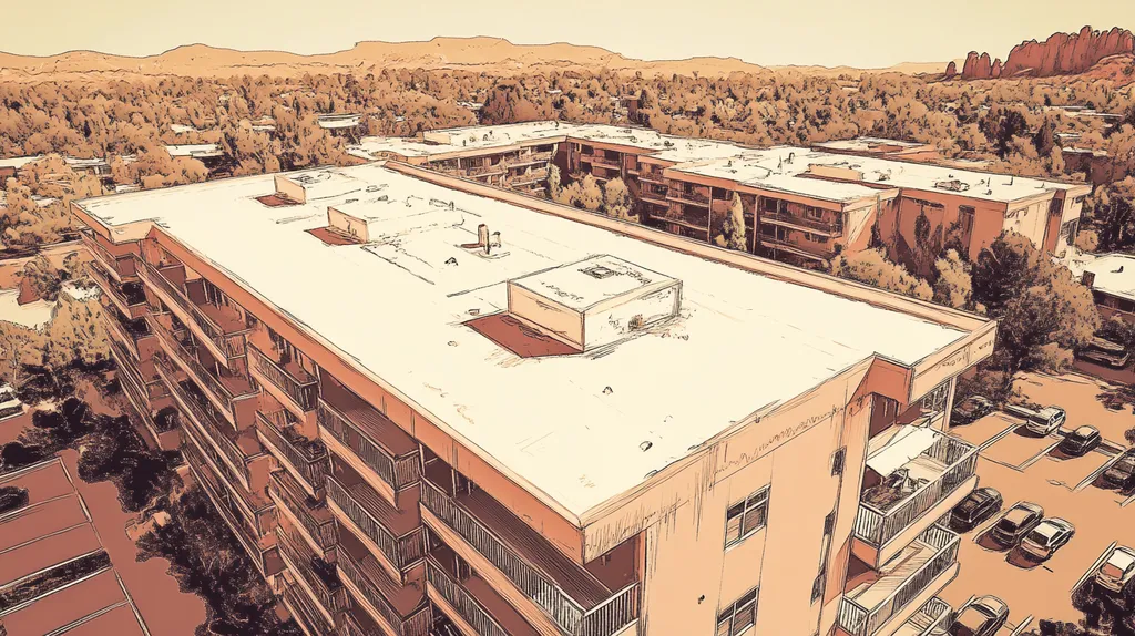 A commercial roof on high-rise apartments in a location similar to Sedona with an architectural sketch rendering aesthetic (AI image)