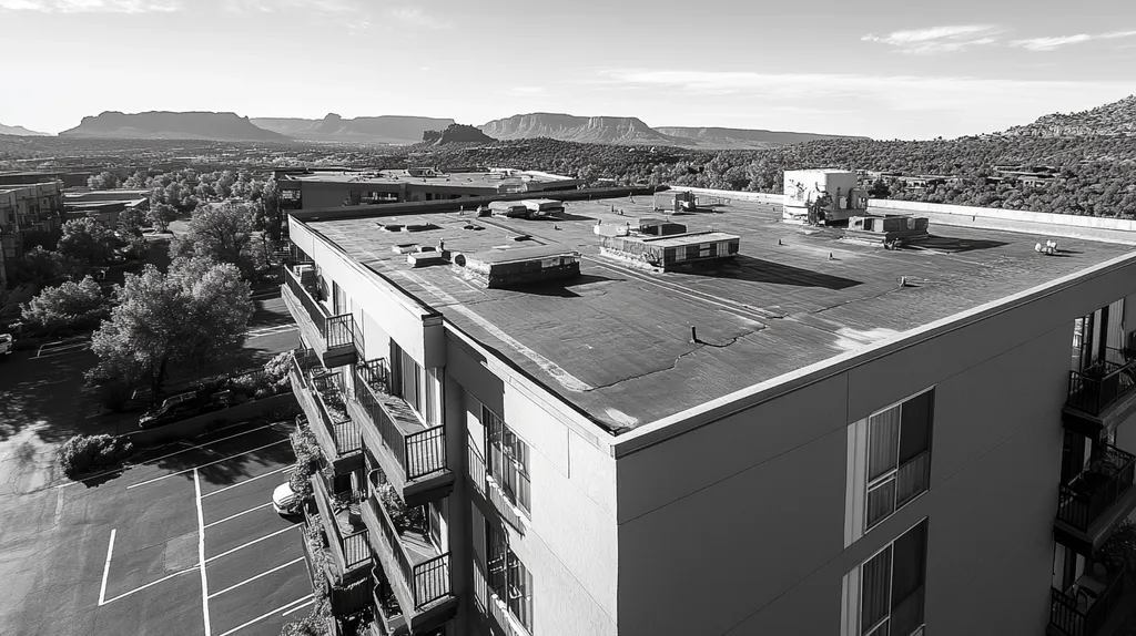A commercial roof on high-rise apartments in a location similar to Sedona with a black and white photography aesthetic (AI image)