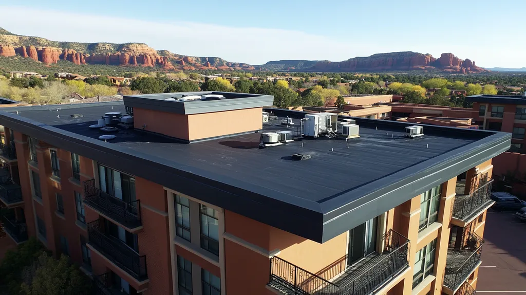 A commercial roof on high-rise apartments in a location similar to Sedona with a color highlight aesthetic (AI image)