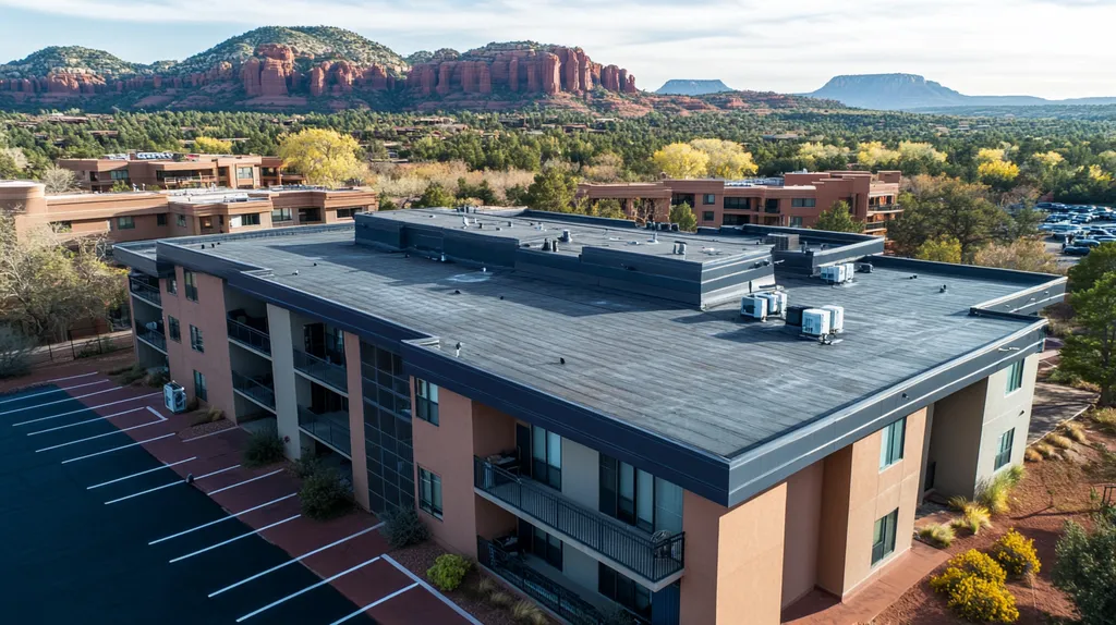 A commercial roof on high-rise apartments in a location similar to Sedona with a color highlight aesthetic (AI image)